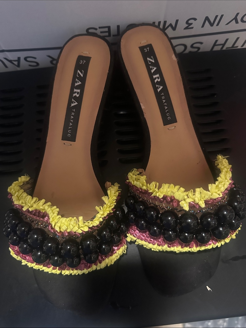 Zara Black Beaded Slide Mules with Yellow and Pink Trim